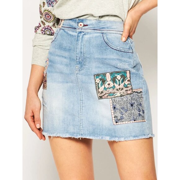 Desigual Dresses & Skirts - Desigual Size 30 Blue Denim Patty Embroidered Patchwork Boho A-Line Mini Skirt